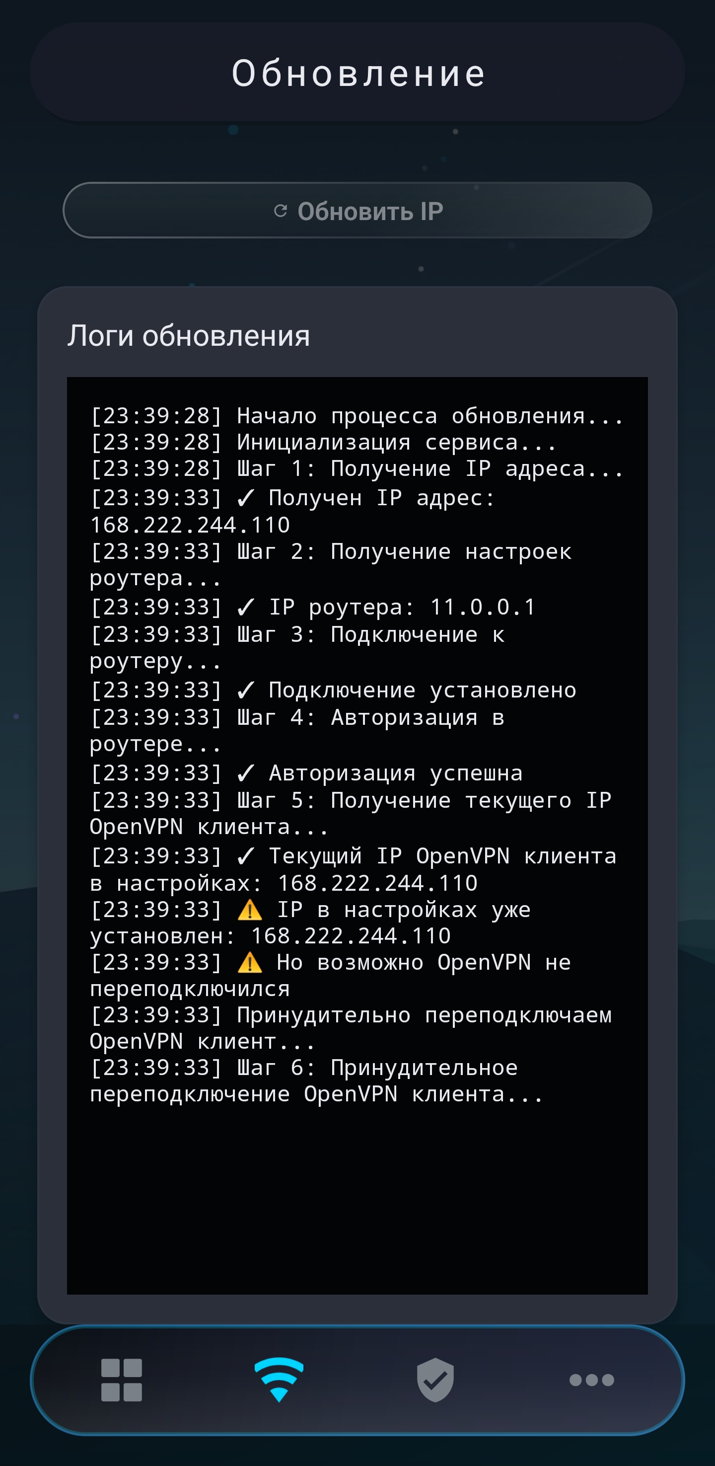Экран обновления IP роутера